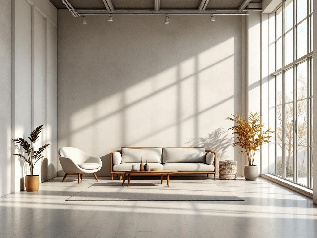 A bright minimalist living room with large windows, a cozy sofa, and plants.