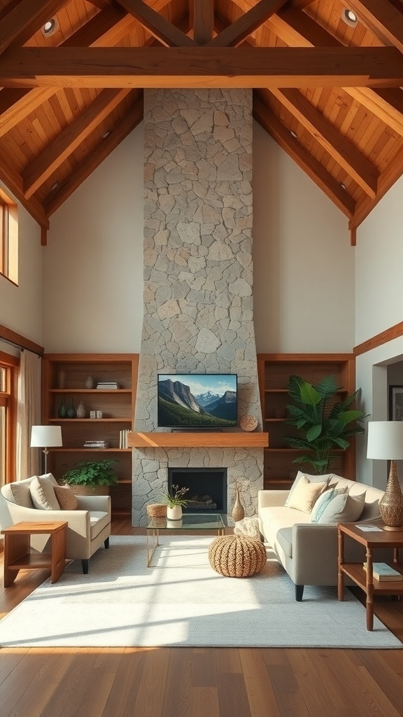 A cozy modern farmhouse living room featuring wooden beams, a stone fireplace, and comfortable seating.