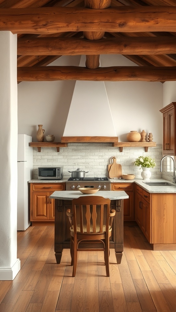 A rustic kitchen featuring wooden beams, stone accents, and warm wooden cabinetry.