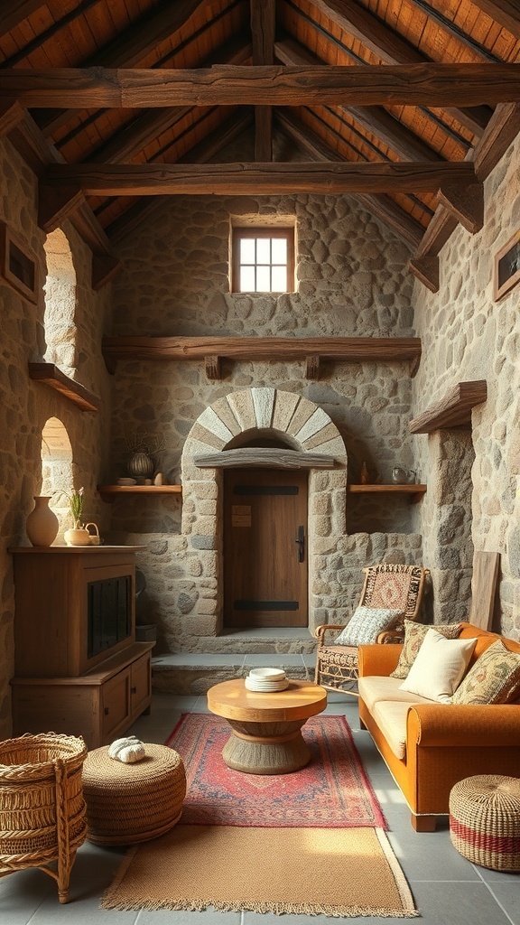 A rustic interior featuring stone walls, wooden beams, and cozy furniture.