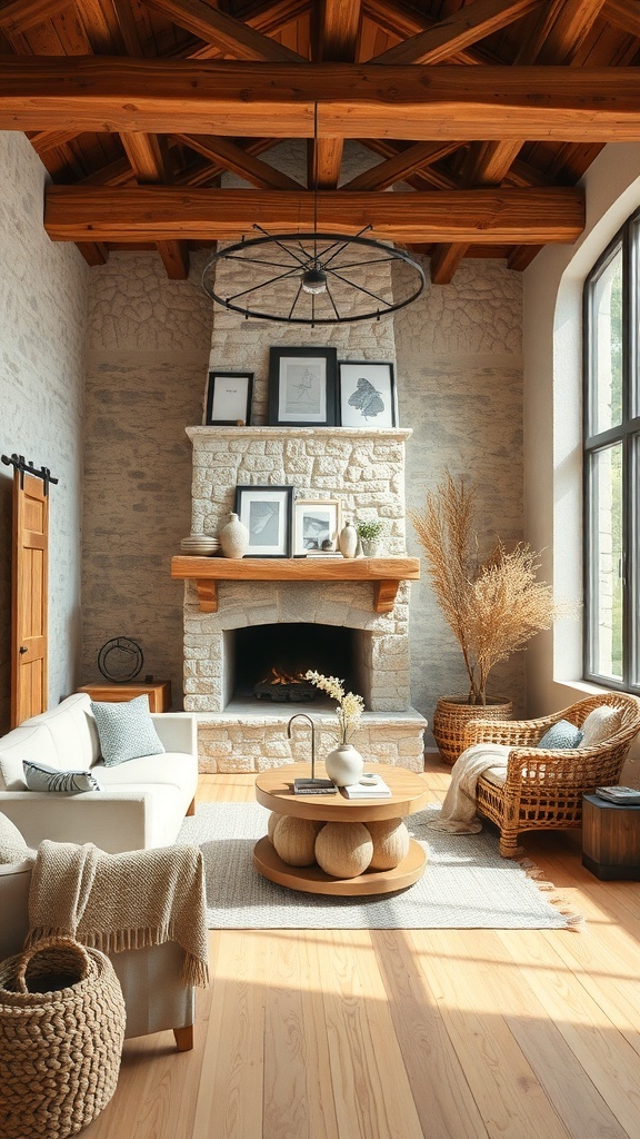 A cozy living room featuring a stone fireplace, wooden beams, and natural decor.