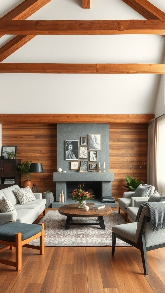 A rustic modern living room featuring wooden beams, a stone fireplace, and cozy furniture.