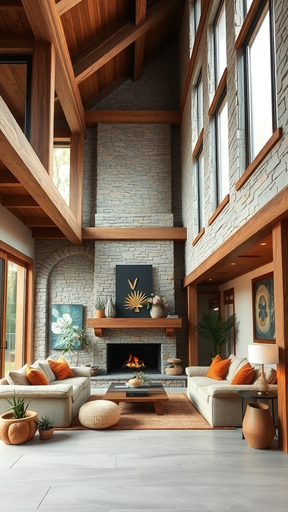 A modern rustic living room featuring wooden beams, stone walls, and cozy furniture.