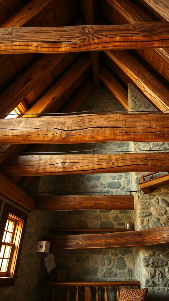 Interior view showcasing wooden beams and stone walls in a rustic style.