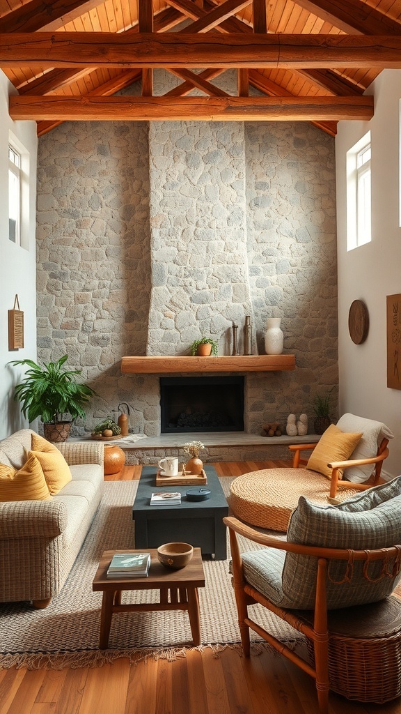 A cozy living room featuring natural stone walls and wooden beams.