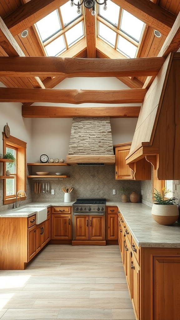 A rustic kitchen featuring wooden beams, stone accents, and natural light.