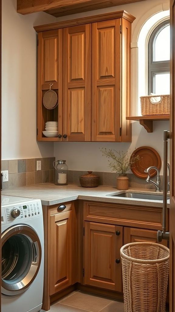 A rustic laundry room featuring wooden cabinets, a sink, and a washing machine.