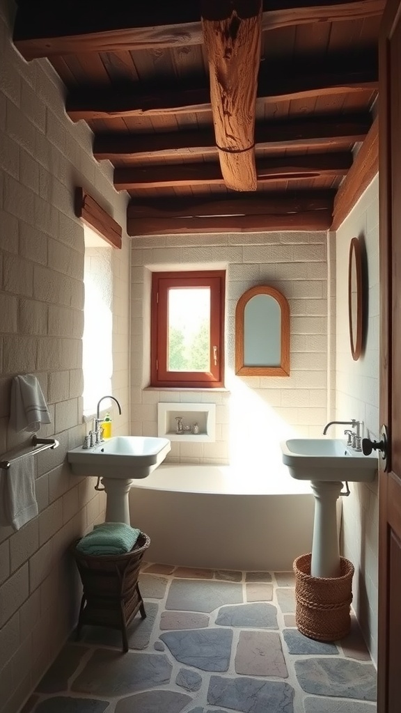 A small rustic bathroom featuring wooden beams, stone flooring, and natural light.