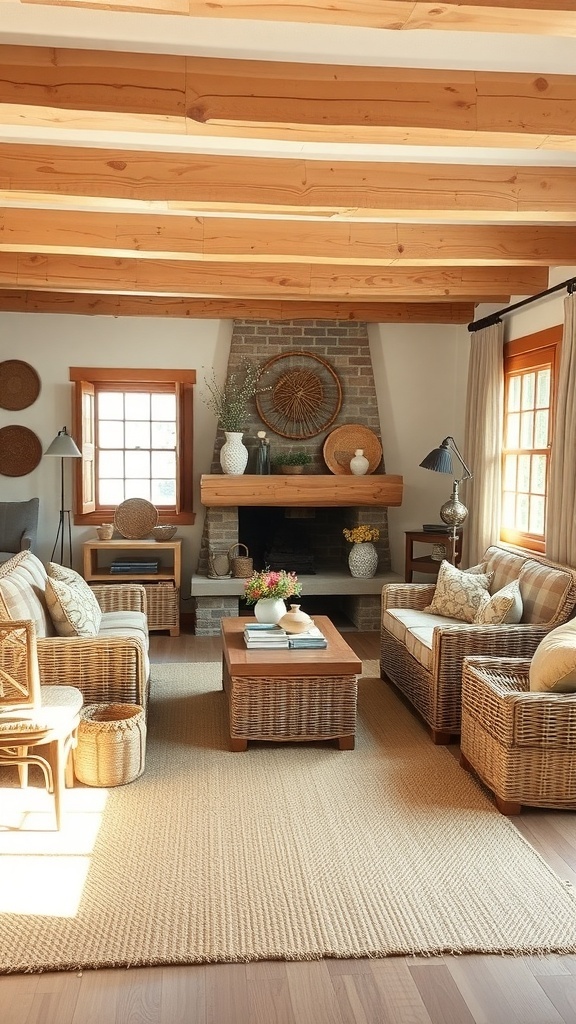 Cozy cottage living room with natural textures and warm decor.