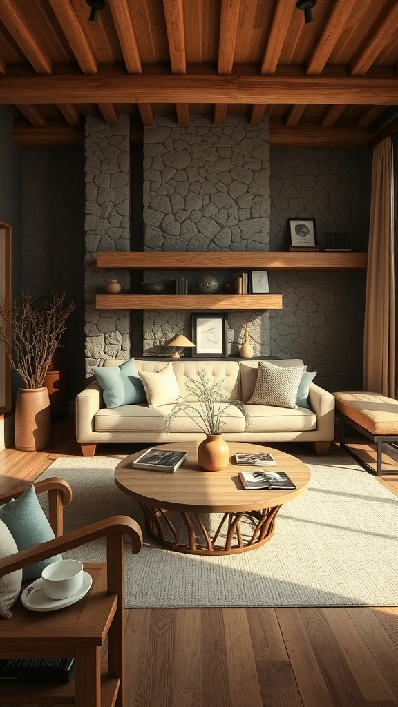 A modern rustic living room featuring wooden beams, stone walls, and cozy furniture.
