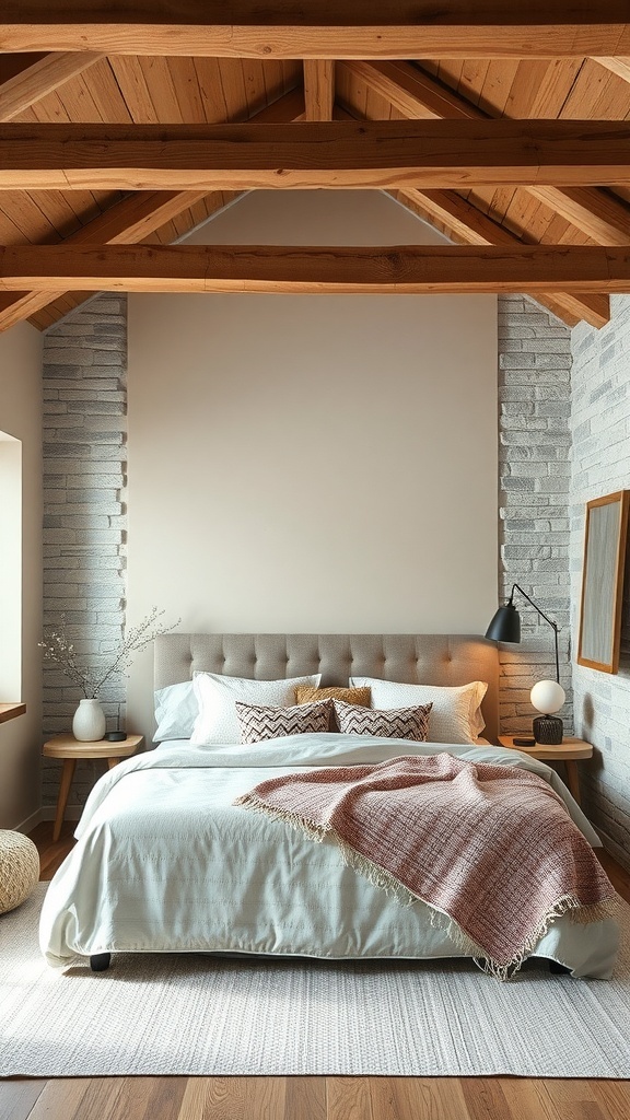 A modern rustic bedroom featuring wooden beams, soft bedding, and natural textures.