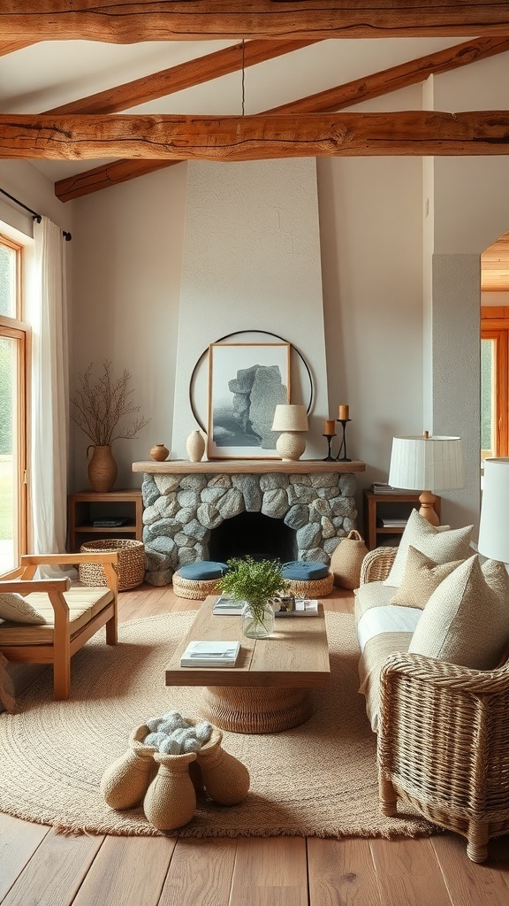 A cozy living room featuring natural textures like wood beams, a stone fireplace, and woven furniture.