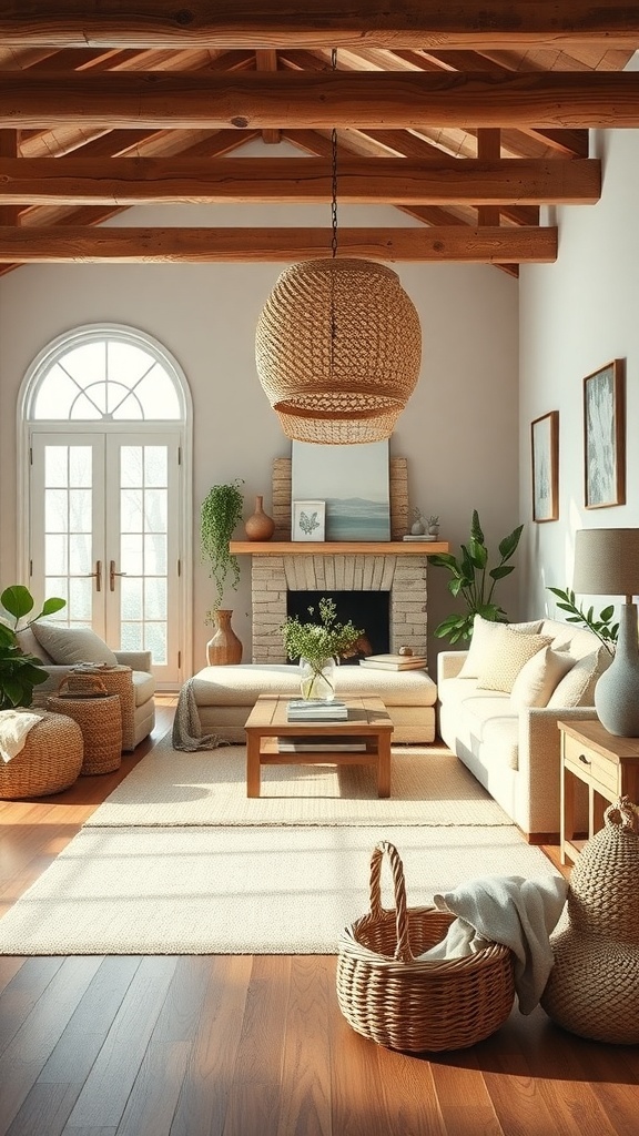 A modern farmhouse living room featuring natural textures with woven baskets, soft textiles, and rustic wood accents.
