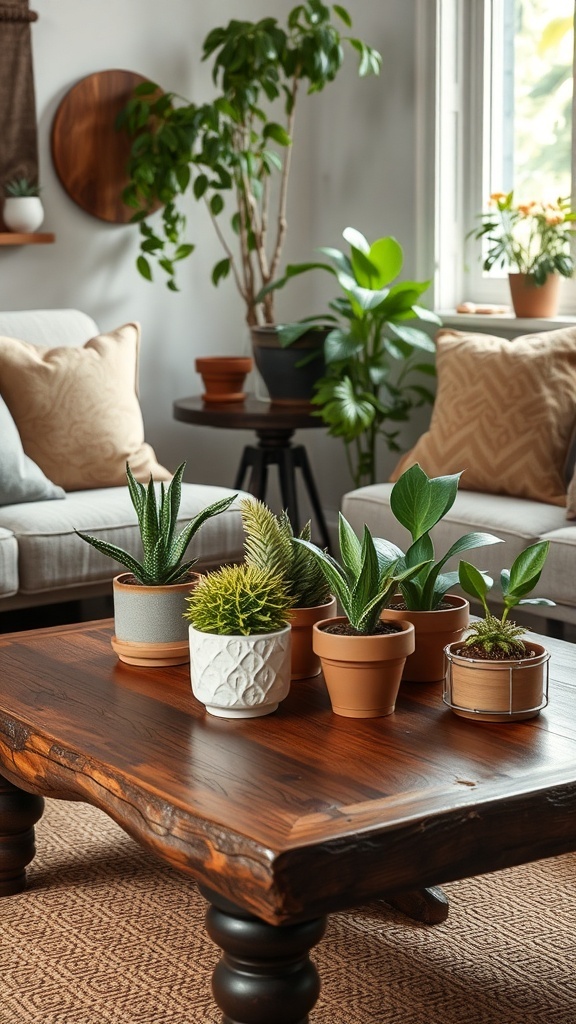 A rustic coffee table adorned with various potted plants, creating a cozy and natural living space.