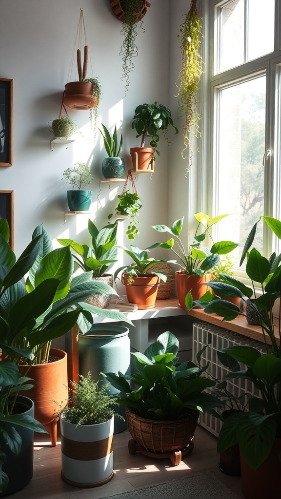 A cozy indoor space filled with various potted plants, showcasing a modern cottage core aesthetic.