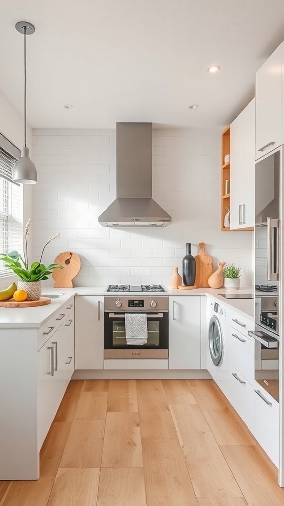 Minimalist kitchen with neutral colors and wooden accents.
