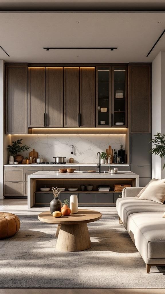 A modern open concept kitchen with wooden cabinets, a large island, and a cozy living area.