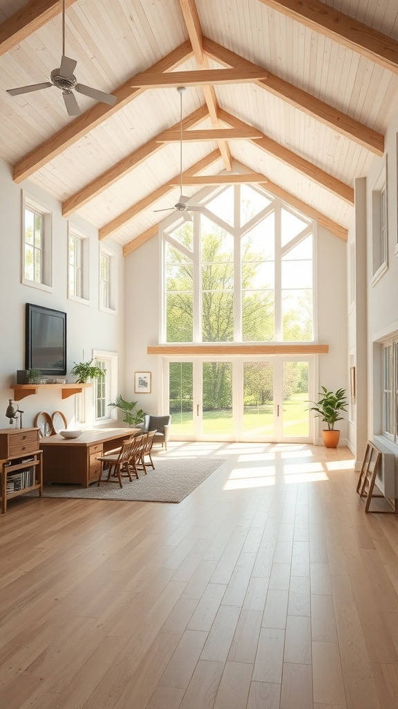 A spacious modern farmhouse living area with high ceilings and large windows, showcasing natural light and a welcoming atmosphere.