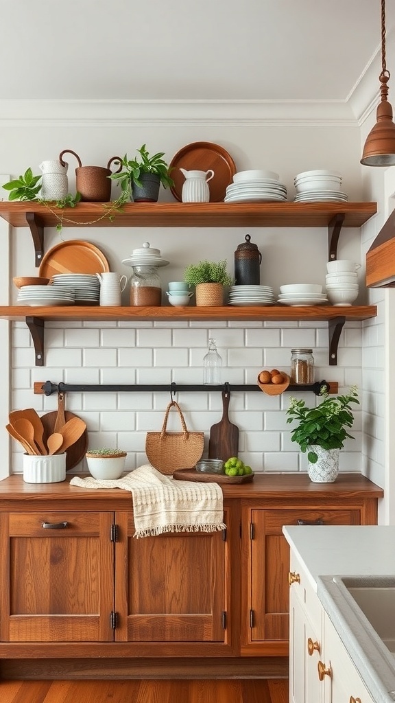A cozy farmhouse kitchen with open shelving displaying dishes and plants.