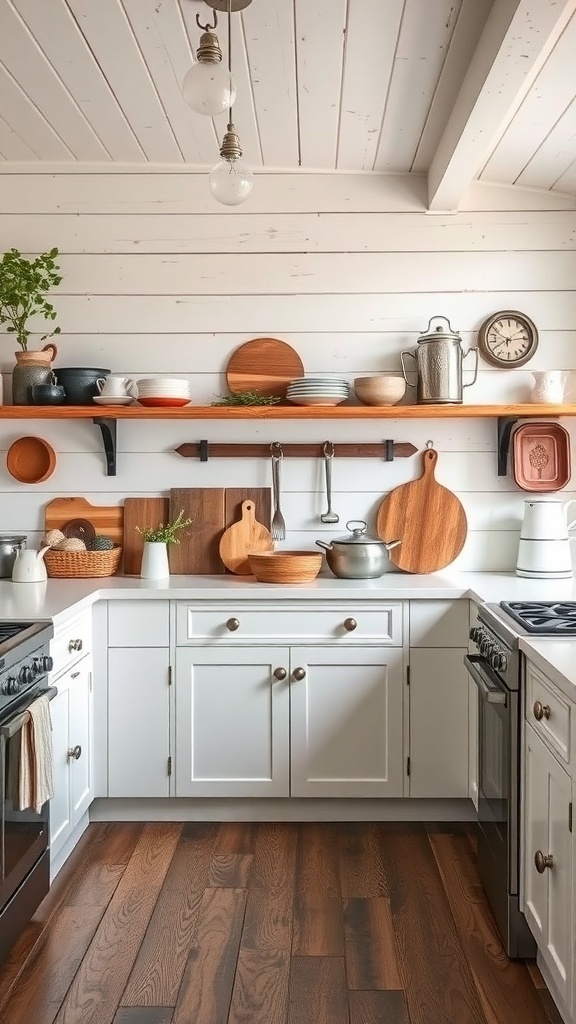 A cozy white farmhouse kitchen featuring shiplap walls, wooden accents, and simple decor.
