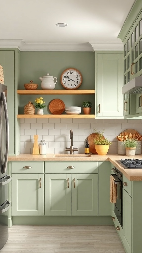 A cozy farmhouse kitchen featuring sage green cabinets, wooden shelves, and a bright, inviting atmosphere.