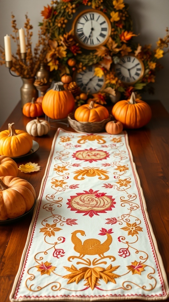 Embroidered Thanksgiving table runner with pumpkins and autumn decorations
