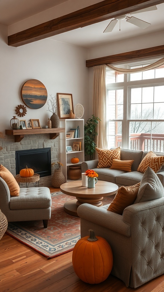 Cozy living room with gray sofas, pumpkins, and warm autumn decor