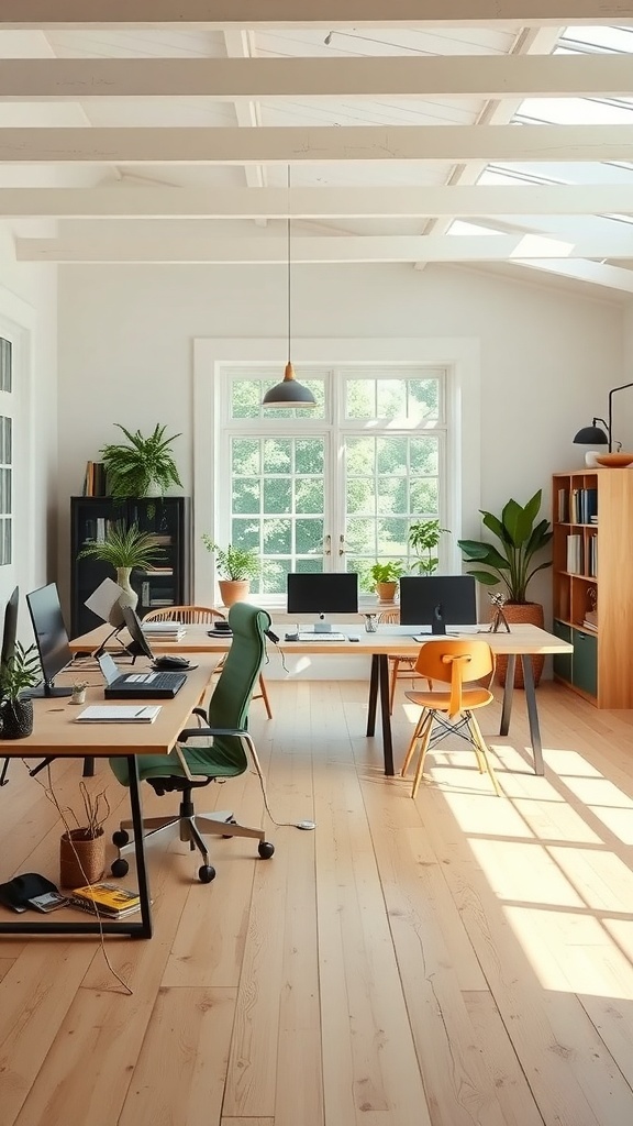 A modern farmhouse office with open spaces, large windows, and stylish furniture.