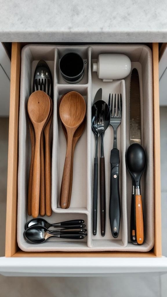 A neatly organized kitchen drawer with wooden and black utensils separated by dividers.