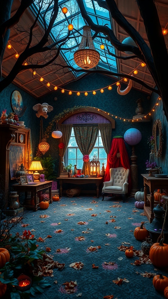 A cozy room decorated like an enchanted forest with fairy lights, pumpkins, and autumn leaves.