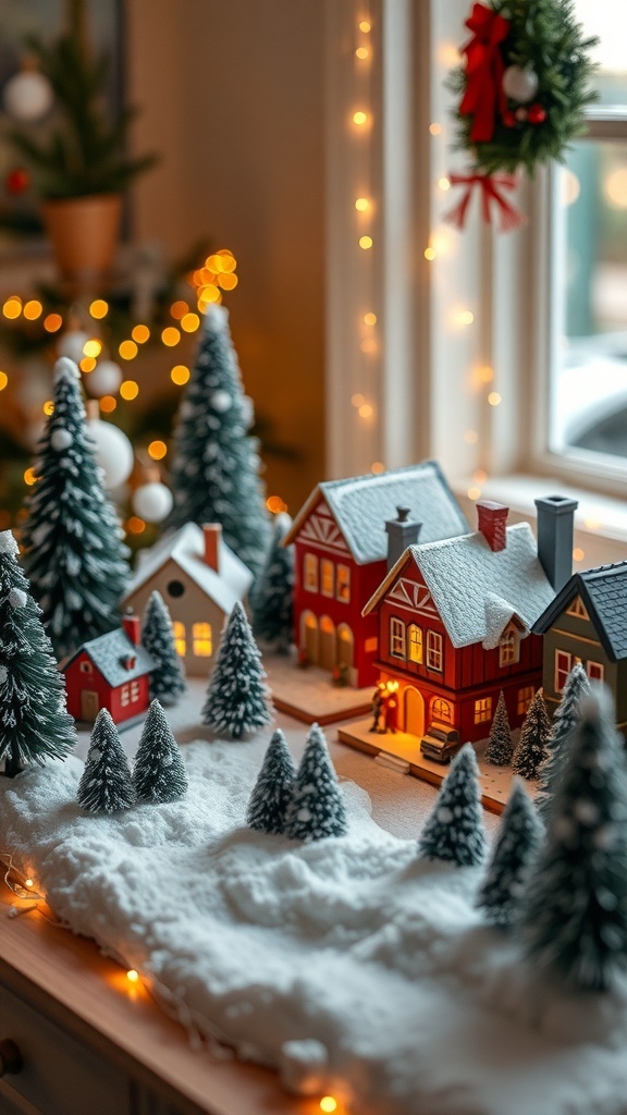 A charming Christmas village display with miniature houses, trees, and warm lights.
