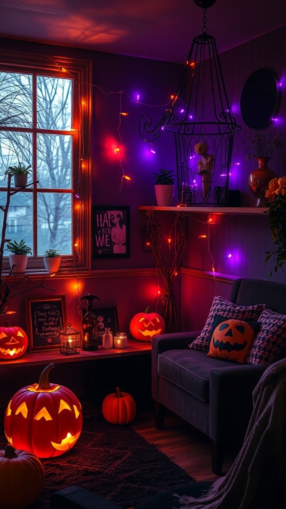 Cozy indoor Halloween decorations with fairy lights, pumpkins, and a warm atmosphere.