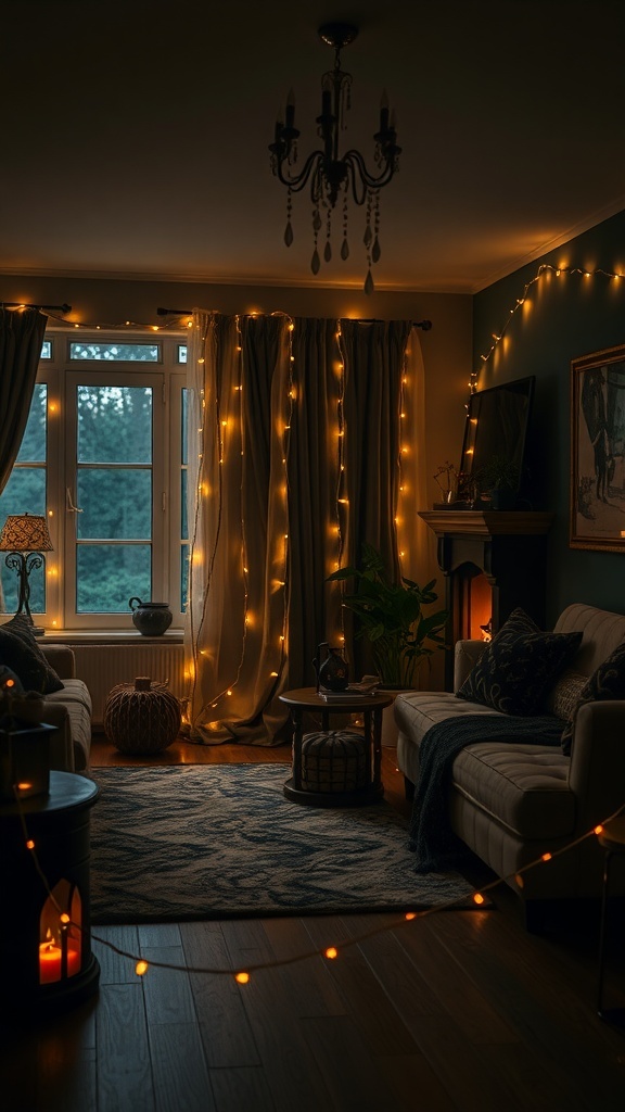 A cozy living room decorated with warm fairy lights for Halloween, featuring a chandelier and stylish furniture.