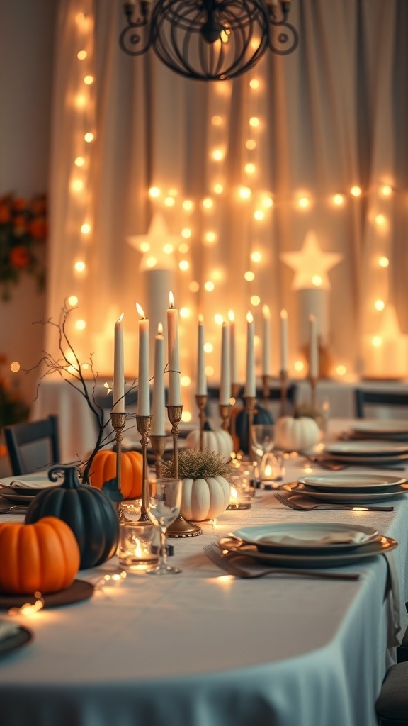 A beautifully decorated Halloween dining table with fairy lights, pumpkins, and candles.