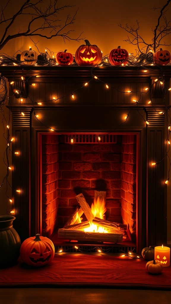 A Halloween-themed fireplace decorated with fairy lights and carved pumpkins.