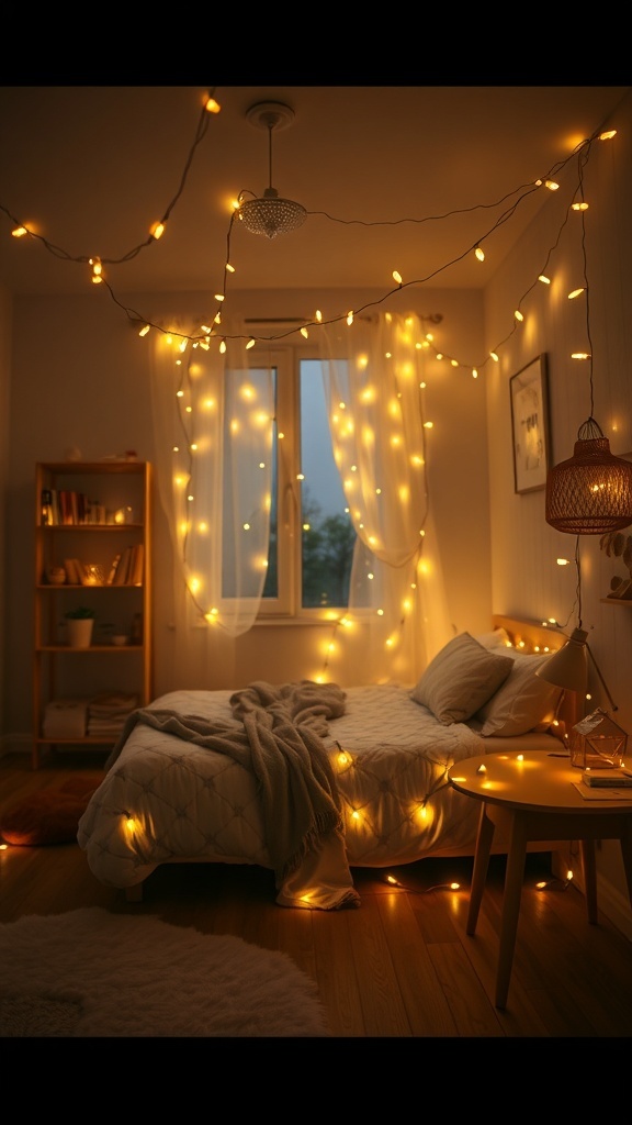 A cozy teen girl's bedroom decorated with warm fairy lights.
