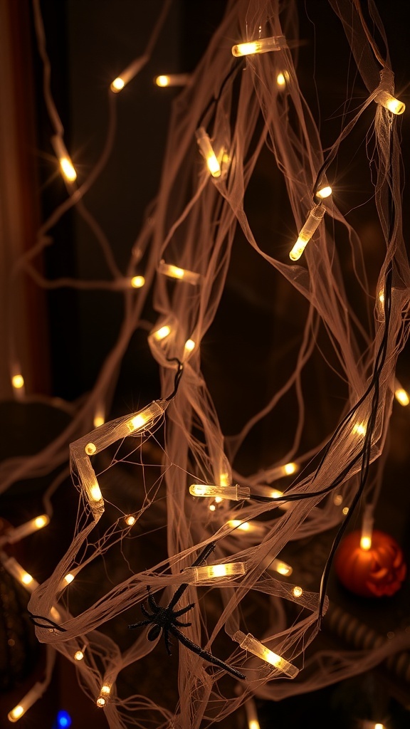 Warm glowing fairy lights intertwined with spider web material, creating a spooky Halloween decor.