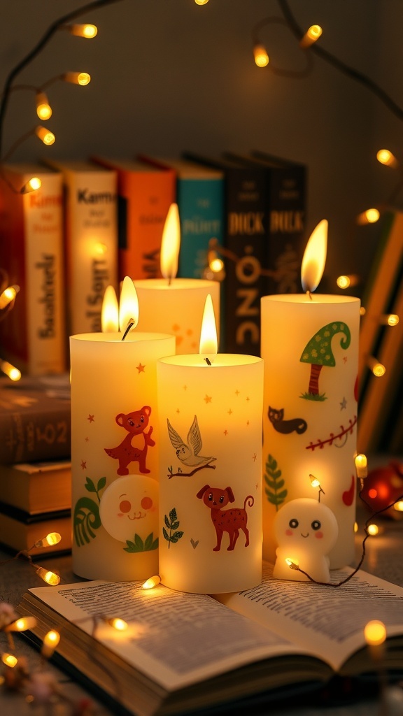 A cozy setup featuring candles with cute animal designs, surrounded by fairy lights and an open book.