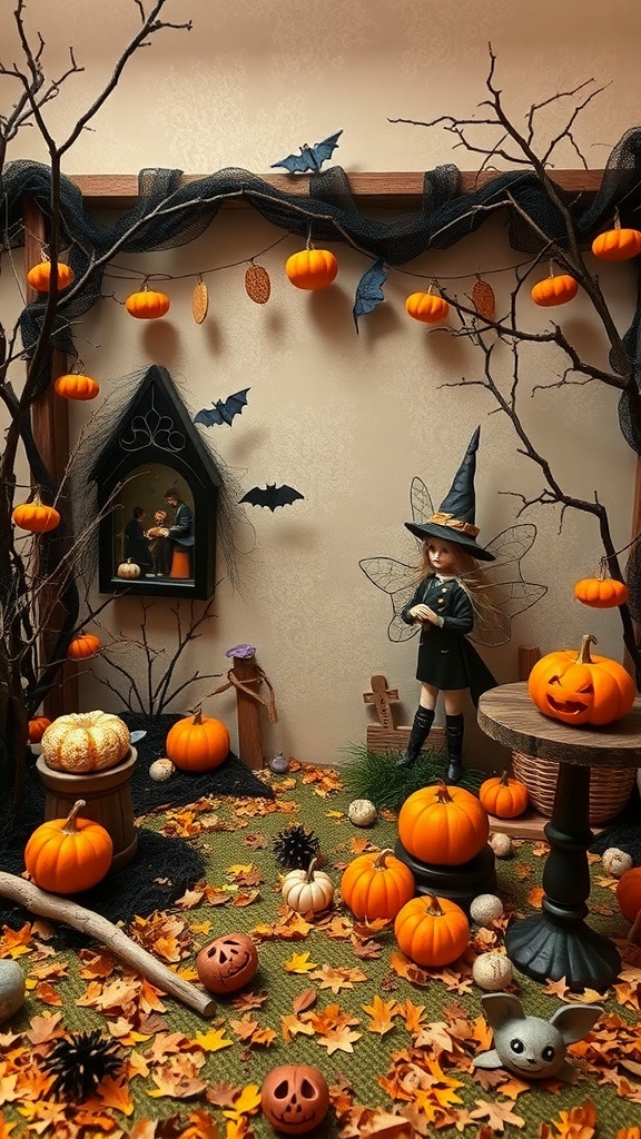 A cozy Halloween decor scene featuring a witch doll, pumpkins, and autumn leaves.