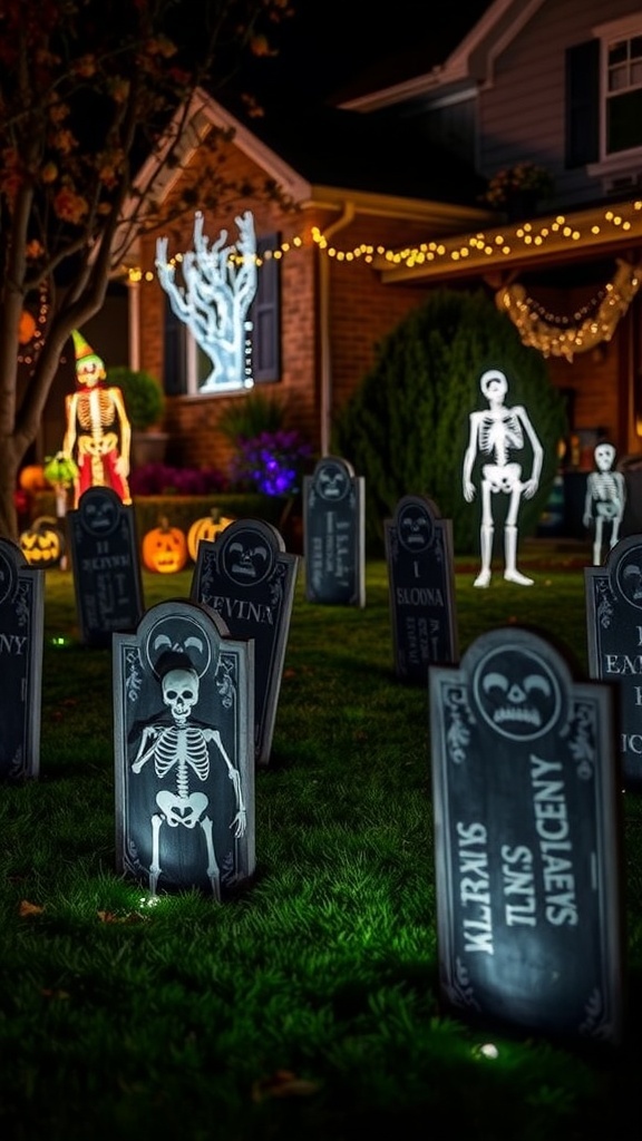 A Halloween outdoor display featuring tombstones, skeletons, and a spooky tree with lights.