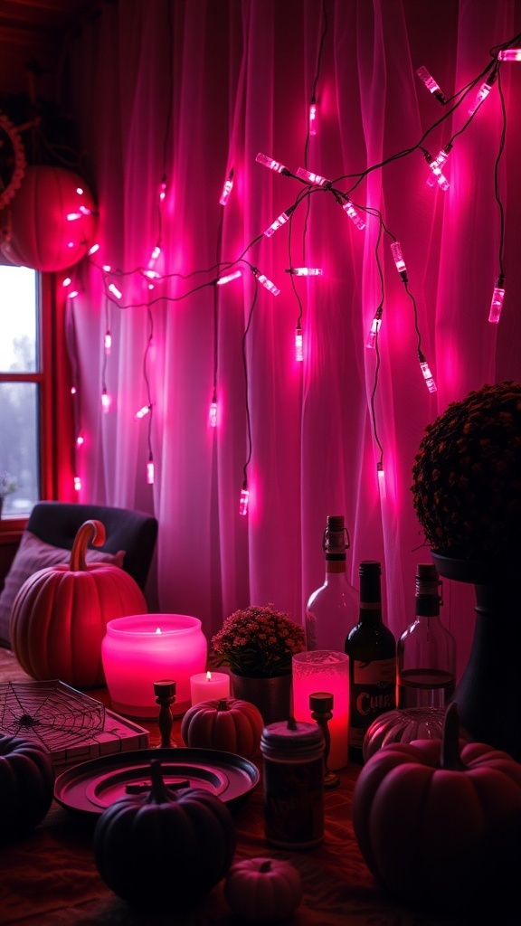 A cozy Halloween setup with pink fairy lights, pumpkins, and candles.