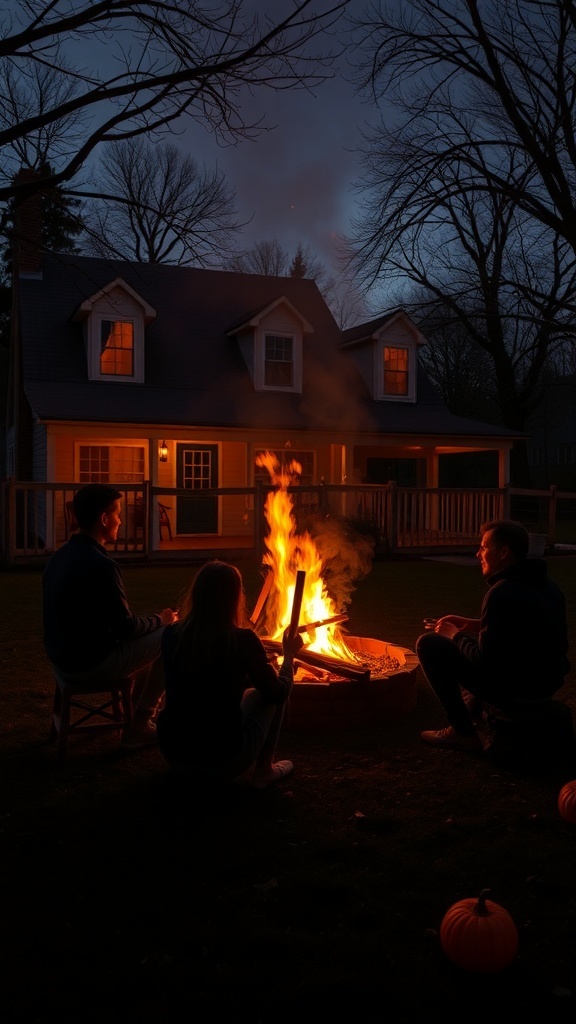 A cozy bonfire in front of a farmhouse at twilight, with friends sitting around the fire and pumpkins nearby.