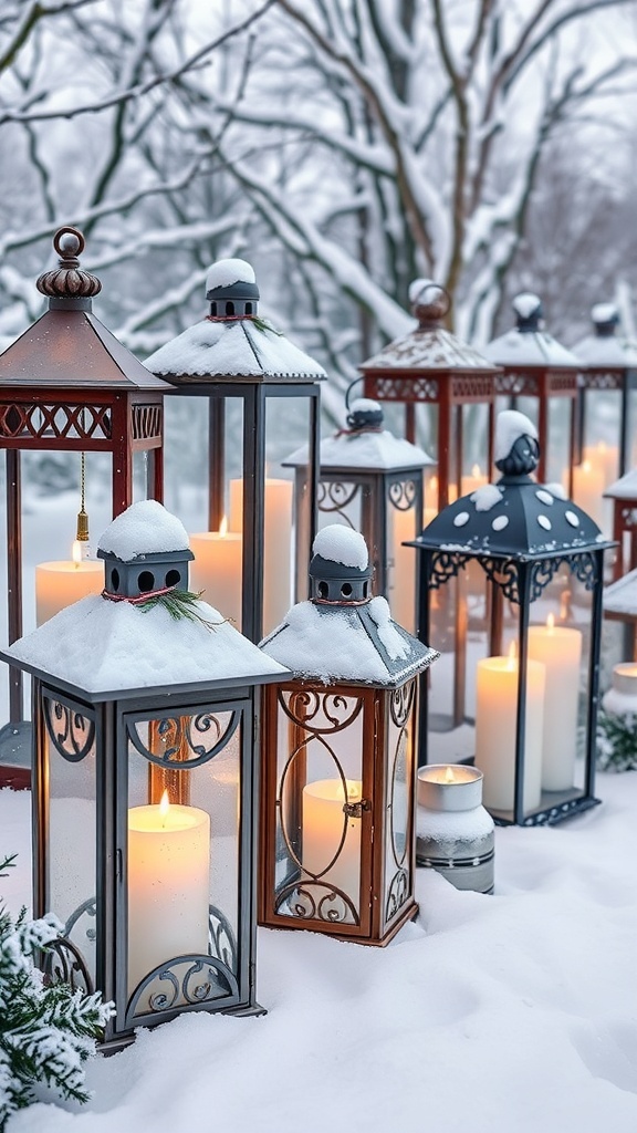 A collection of decorative lanterns with candles, surrounded by snow and winter trees.