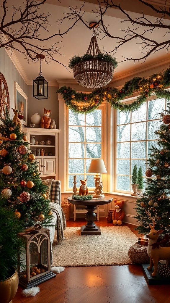 A cozy Christmas room decorated with woodland themes, featuring trees, ornaments, and nature motifs.