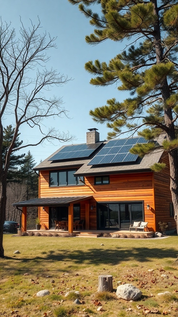 A rustic house with solar panels on the roof, surrounded by trees and a grassy yard.