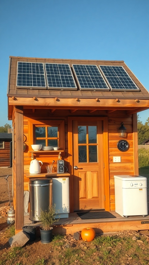 A rustic tiny house with solar panels on the roof, showcasing energy-efficient features.