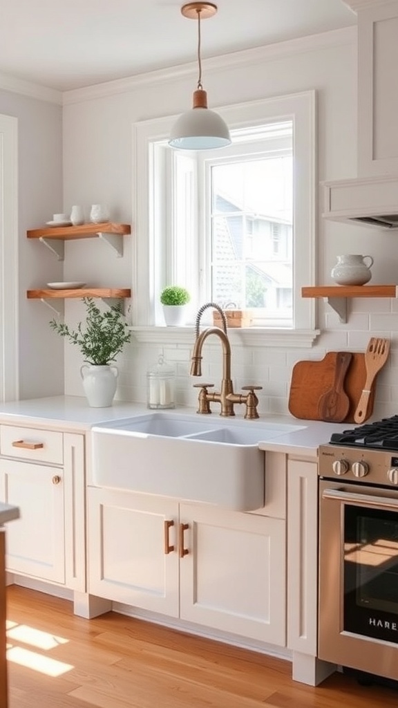 A stylish farmhouse kitchen sink with a modern faucet and wooden accents.