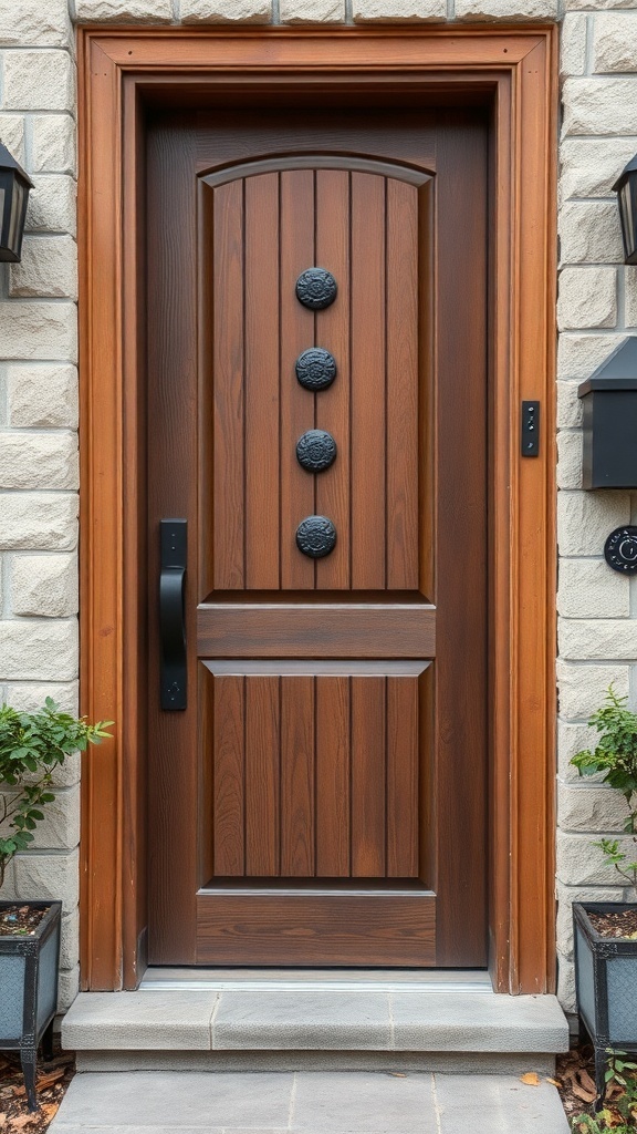 A rustic front door with wooden panels and decorative hardware.