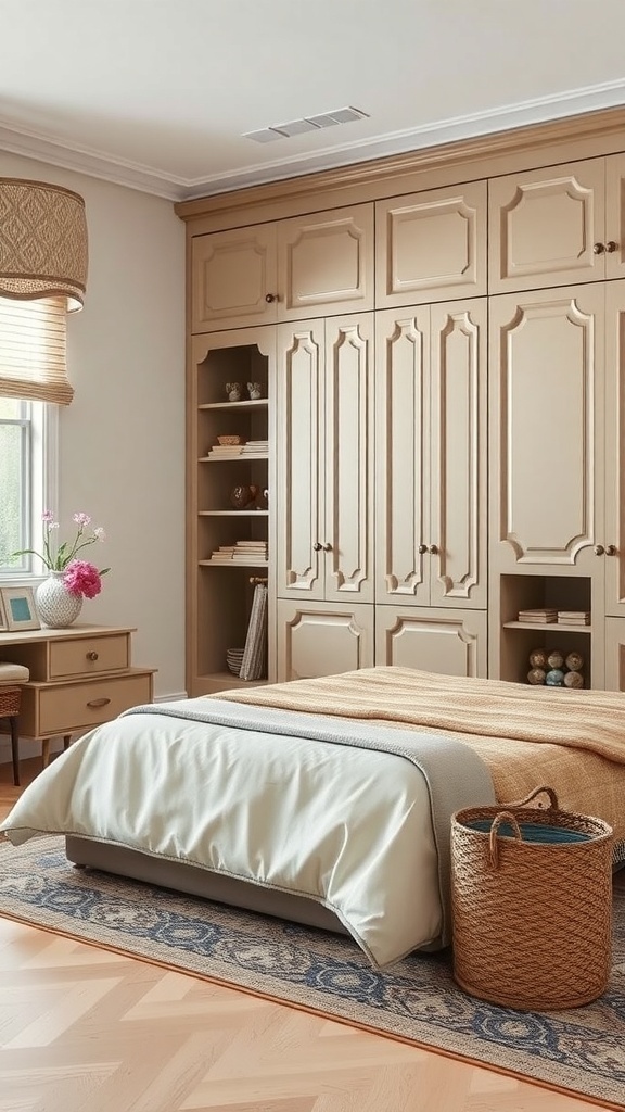A beautifully designed master bedroom featuring built-in storage solutions.
