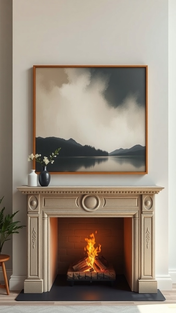 A cozy fireplace with a serene landscape painting above it, featuring soft clouds and distant mountains.